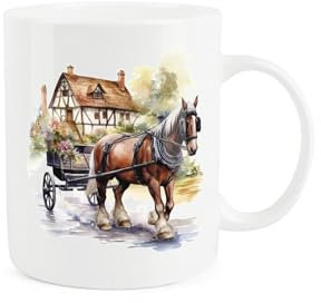 Purely Home Shire Horse Farm Mug - Painted Watercolour Flowers Cart Pulling Gift Present - Tea Coffee White Bone China Mug
