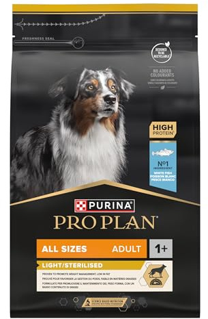 Purina Pro Plan | leicht/sterilisiert | Erwachsene Hunde | alle Größen | Trockenfutter reich an Proteinen | mit Weißfisch | fördert das Gewichtsmanagement | Beutel | 3 kg