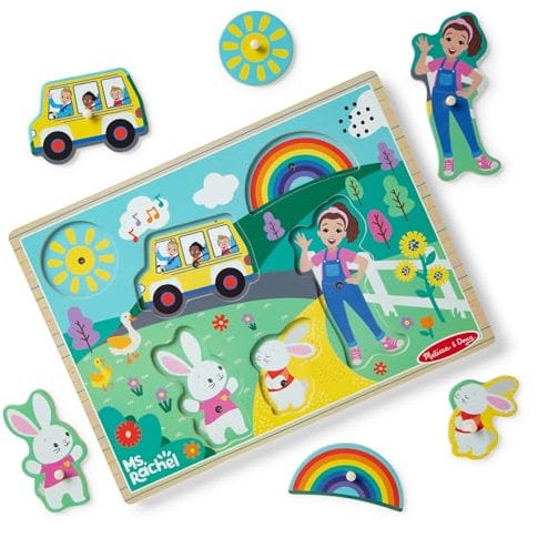 Melissa & Doug Ms. Rachel Holz Song Peg Puzzle, Lichtaktiviert, 6-teilig mit vollen Liedern, Kleinkindspielzeug für Jungen und Mädchen im Alter von 2-5+ Jahren - FSC Zertifiziert