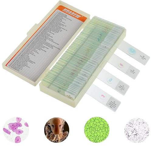 HUAREW Microscope Slides with Specimens for Kids, Glass Prepared Slides Set for Microscope Accessories, Biology Gifts and Basic Science for Kid Education(60 Pcs)