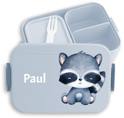 Kinder Bento Box Midi für Mepal Bentobox - Brotbox süßer Waschbär Lunchbox niedliches Waschbärmotiv I - 900 ml - Hellblau - waschbären jausenbox brotdose