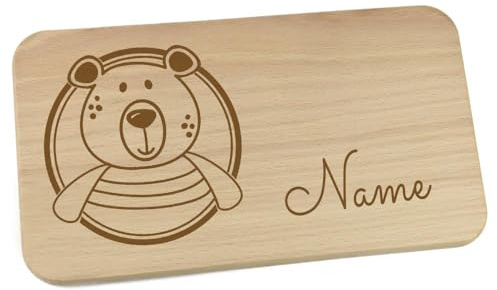 Personalisiertes Frühstücksbrettchen aus Holz mit Motiv und Name graviert Motiv Bär Brettchen 22cm