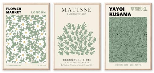 JINZUNRUI Moderne Poster 3er Set, 50x70cm Abstrakt Stilvolle Matisse Poster Flower Market Bilder Aesthetic, Grün Pastell Leinwandbild Wohnzimmer Schlafzimmer Wandbilder Deko, Ohne Rahmen