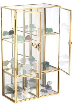 SUMTree Vitrine dorée en verre pour bijoux, 5 emplacements et 2 tiroirs, 20 x 10 x 34 cm