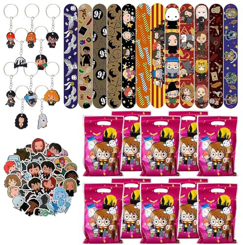 Juego de Regalos de Wizard para Fiestas, 82 Piezas Piezas Favores para Fiesta Wizard, 12 Pulseras a Presión, 10 Bolsas de Regalo, 50 Pegatinas, 10 llaveros, Wizard Regalos para Fiestas de Cumpleaños