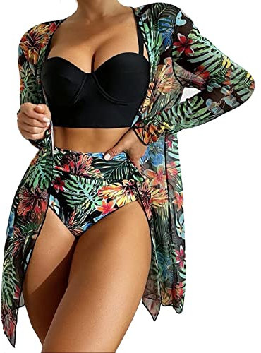 FGUUTYM Damen Cover Ups Sexy Open Front Beach Bikini Badeanzug Kimono Cardigan Cover Up Long Flowy Beachwear Junge Uhr (Black, S)
