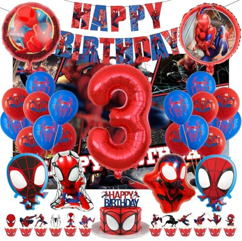 Kindergeburtstag Deko 3 Jahre, Spider Luftballons Geburtstagsdeko Themed Party Set Happy Birthday Banner, Rrunde Charakter Ballon Hintergrunddekoration und Latexballons für Junge und Mädchen