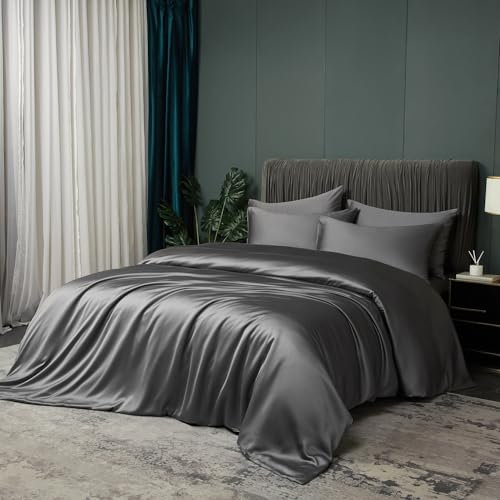 Luowei Sommer Bettwäsche 155X220 cm Bambus Grau Kühlend Bettwäsche 3Sets aus 100% Bambus Aktmungsaktivem Weicher Glänzend Bamboo Bettbezug mit Reißverschluss und 2 Kissenbezug 80x80