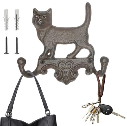 LUHEVIDIA Garderobenhaken,vintage kleiderhaken,17cm garderobenhaken rustikale,Niedlicher Katzen-Doppelhaken aus Gusseisen,Schäbiger Landhausstil-Inklusive Installationsmaterial (Katze)