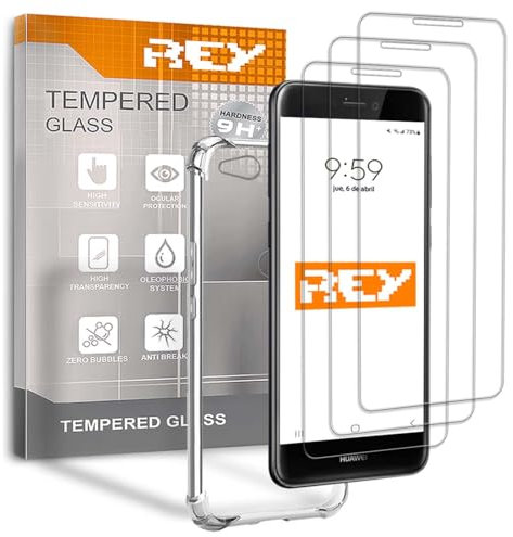 REY Pack 3X Pellicola salvaschermo e Cover Anti-Shock per Huawei P9 Lite 2017, Vetro temperato e Silicone TPU ad Alta Resistenza