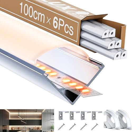 LASLUX Profilé LED Angle Aluminium 6 × 1M – Rail en V découpable pour bande LED avec diffuseur embouts et clips de montage en métal (V-1M, 6)