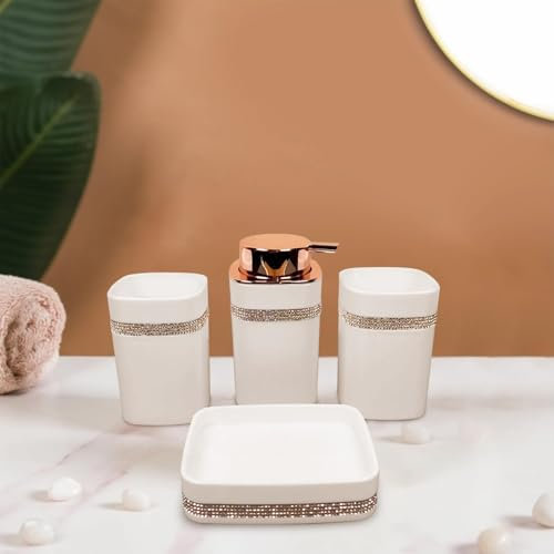 DC VOLTAGE Luxury 4-Piece Bathroom Accessories Set – White Ceramic with Crystal Rhinestone Band & Rose Gold Soap Dispenser, Tumbler, Toothbrush Holder, and Soap Dish – Elegant Bathroom Decor (4 set-3)