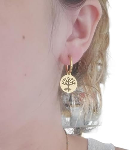 Boucles d'oreilles arbre de vie anneaux créoles acier inoxydable fait main cadeau anniversaire, noel, fête des mères (Or)