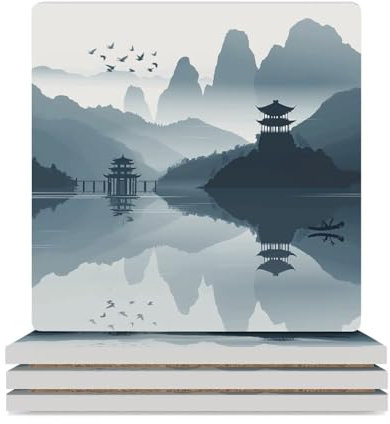 Quadratische Untersetzer, chinesischer Stil, Landschaft, bedruckte Keramikfliesen, zum Basteln, Tischschutz, Untersetzer für Büro, Küche, Einweihungszimmer, Bar, Dekoration, 4 Stück