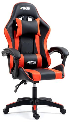 AMS-GAMING Chaise Gamer#02-Red Coloris Noir & Rouge - Coussin Lombaire & appuie tête - Siège Gaming