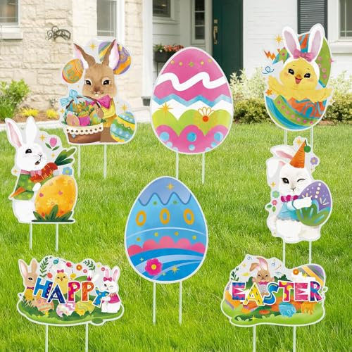 WERNNSAI Garden Ostern Gartenstecker 8er Set - Osterdeko für draußen Osterhase Ostereier Ostern Schilder für Garten mit Pfählen Ostereier Dekorationen für Osterpartys Frühlings Requisiten