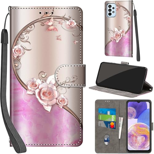 Handyhülle für Samsung Galaxy A23 4G/5G Klapphülle Leder Wallet Rose | 3 Kartenfächer & 1 Geldfach, Magnetverschluss, Ständerfunktion, robuste premium PU leder klapphülle für Samsung A23