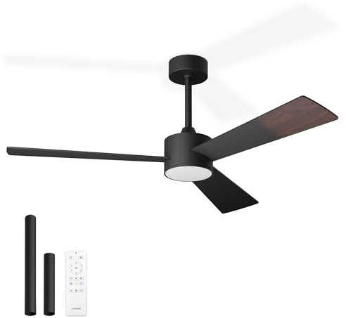 Noaton Ventilatore da Soffitto con Luce, Telecomando, LED Dimmerabile, 3 Temperature di Colore, 3 Pale Nero/Legno Scuro, Timer, con Motore DC, 6 Velocità, Ø132 cm, Silenzioso, Asta di Prolunga
