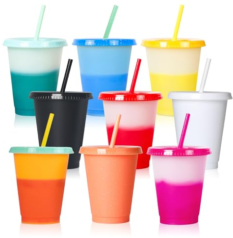 GOMETY 10 vasos de colores cambiantes con tapa y pajita, vasos de plástico de 16 oz, reutilizables, grandes, con cambio de color, para niños, adultos, café, zumo de batidos (10 colores)