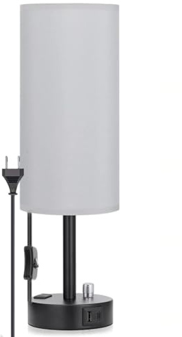 LOGT Dimmbare Nachttischlampe mit Schalter und Ladefunktion USB A+C Anschlüssen Steckdosen Tischlampe 3 Helligkeitsstufen Stoffschirm Tischleuchte Leinen Lampenschirm für Schlafzimmer,Grau