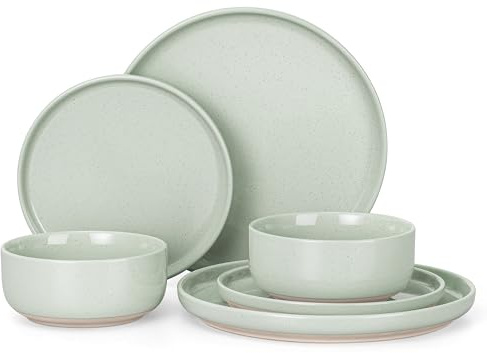 HaWare Stoneware Dinnerware Sets, 6-Piece Plates and Bowls Set for 2, Dishes Set for Home Restaurant, Speckled Asparagus Green