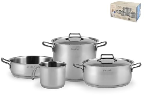 H&H by Bruno Barbieri, Batteria di Pentole, Acciaio Inox 18/10, Set 6 Pezzi, Casseruola, Tegame, Bollilatte con Coperchi, Triplo Fondo, Adatto a tutti i Piani Cottura