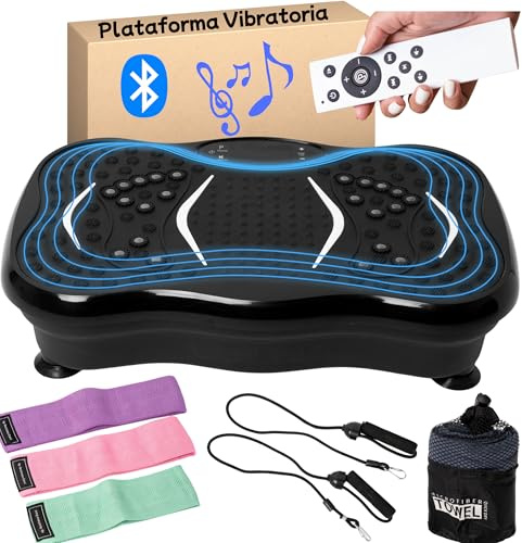 Plataforma vibratoria - Plataforma vibración Muscular - Vibration Plate - Plataforma vibración Adelgazar - Vibrating Plate con Sonido inalámbrico Bluetooh + Bandas elásticas , Manual y Toalla