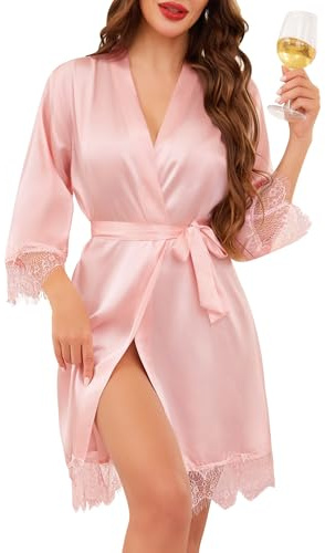 Lovasy Peignoir Satin Femme Mariage Sexy Robe de Chambre Soie en Dentelle Court Kimono Bride Léger Col V avec Ceinture Robe de Demoiselle d'Honneur