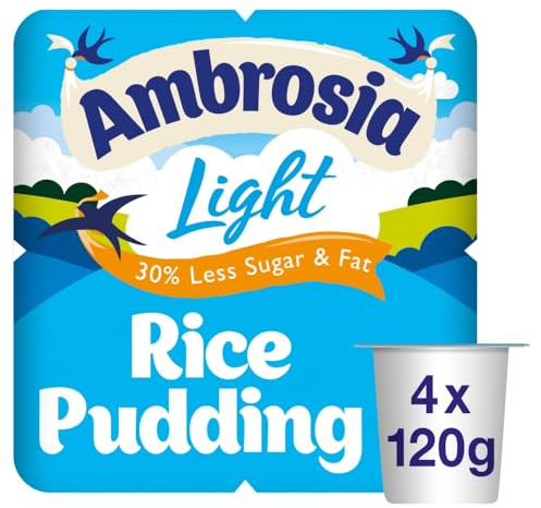 Ambrosia Light Rice Pudding Pots, 30% Less Sugar & Fat, Creamy & Ready to Eat Dessert, 4 x 120 g (Pack of 4)
