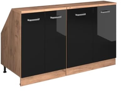 Vicco Dachschrägenschrank-Set Rion, Schwarz Hochglanz/Goldkraft Eiche, B140 x T60 cm 2er Set, platzsparend für Dachschrägen