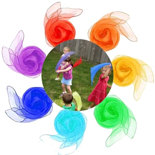 Probuk 7pcs Foulards de Jonglage et Danse pour Enfant 45 x 45 cm - Couleurs Vives, Foulard de Danse Colorées, Foulards de Gymnastique pour Enfants de Maternelle pour la Danse, Le jonglage, Les Jeux