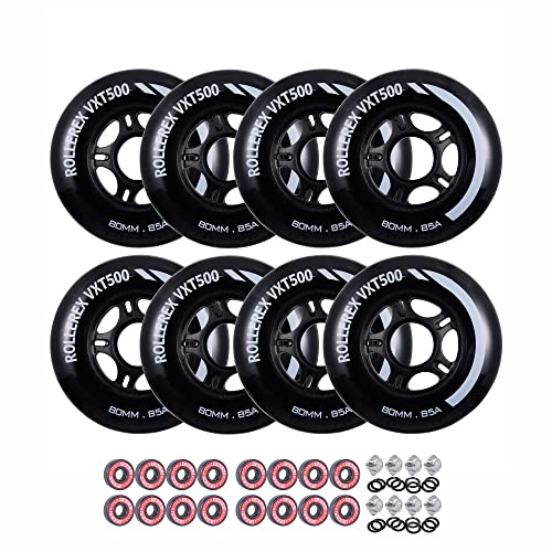 Rollerex VXT500 Inline-Skate-Rollen, 8er-Pack mit Lagern, Abstandshaltern und Unterlegscheiben, langlebige Ersatz-Rollenblätter für Skaten im Innen- und Außenbereich (80 mm, Stahlschwarz)
