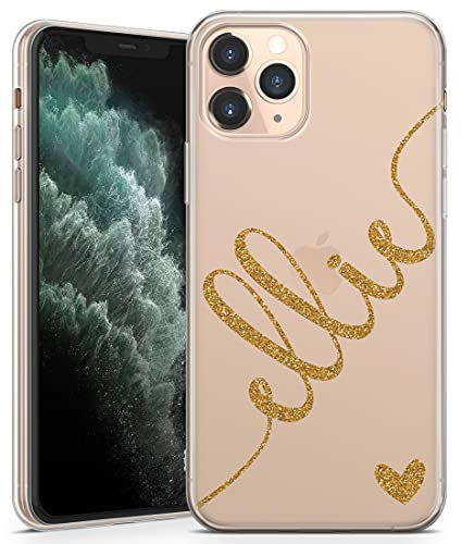 TULLUN Personalised Phone Case for iPhone X/Xs - Clear Soft Gel TPU Custom Cover Colour Heart and Diagonal Design Name Initials Your Text - Gold