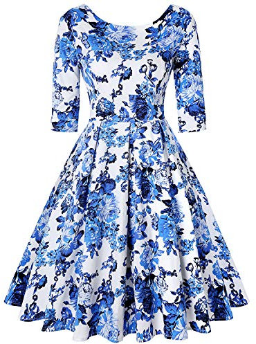 MINTLIMIT Women's Rockabilly Cocktail Dress Retro Swing 20s Vintage Dresses for Women 3/4 Sleeve Round Neck (Floral Khaki,Size M)