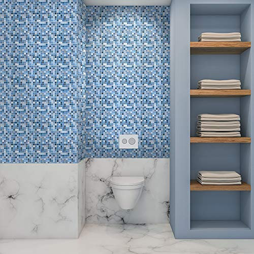Floor Wall Tile Transfers Sticker for Home Decor, Peel & Stick self-Adhesive splashback, Tile Decals for Living Room Kitchen Bathroom Decor,20cmX20cmX 10 Pieces, Blue Metallic Mosaic Tile Sticker