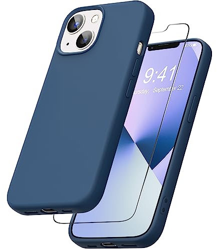 YATWIN Liquid Silicone Case Compatible for iPhone 13 with Tempered Glass Screen Protector, Slim Flexible Soft Full Body Shockproof Phone Case Compatible for iPhone 13 - Midnight Blue