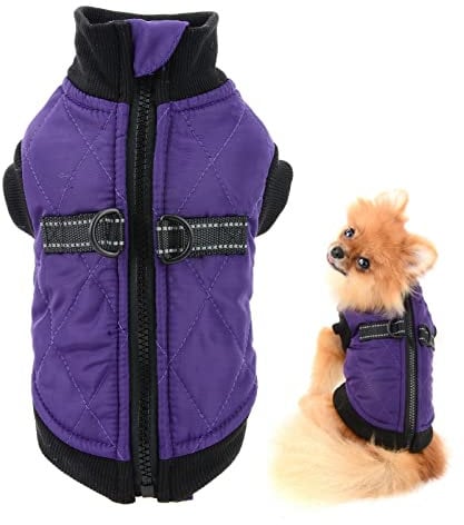 SMALLLEE_LUCKY_STORE Pet Water Resistance Zip-up Jacket Vest Coat with D-rings for Small Dogs Cats, Fleece Lined Puppy Chihuahua Yorkie Warm Winter Clothes, Purple, S