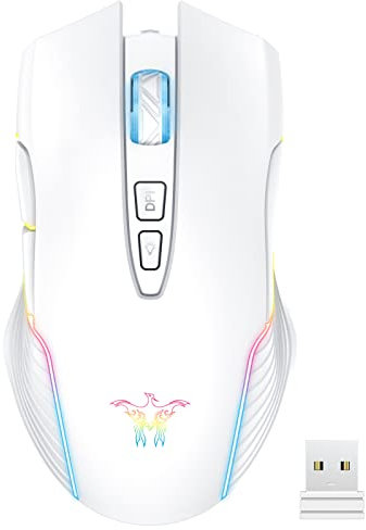 PHNIXGAM Wiederaufladbare Kabellose Gaming-Maus, Ergonomische RGB-Computermaus mit 2,4-G-Empfänger, Einstellbarer DPI bis zu 3600, 7 Tasten (Nicht programmierbar) für Windows Vista Linux, Weiß