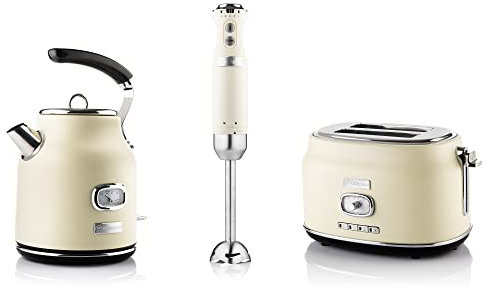 Westinghouse Retroline Set petit-déjeuner blanc, grille-pain, mixeur plongeant et bouilloire, 1,7 l et filtre anti-calcaire, grille-pain à deux fentes avec grille réchauffe-viennoiseries, mixeur