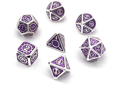 Fasizi Set di 7 dadi poliedrici in metallo con custodia nera, per giochi di ruolo, dungeons and drons, D&D, insegnamento matematico (ingranaggi argento e viola)