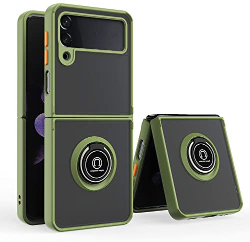 XINYEXIN Coque pour Samsung Galaxy Z Flip4 5G (Z Flip 4 5G), Etui Téléphone Antichoc avec Anneau de Support, Hard PC et TPU Bumper Mat Translucide Case Cover - Armée Verte