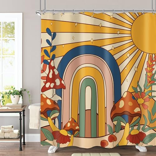 Omifly 70er Jahre Retro Pilz Hippie Duschvorhang 152 x 183 cm Sonne Regenbogen Hippie Vintage Floral Funky Boho Chic Blumen Abstrakt Ästhetisch Groovy mit 12 Haken Stoff Wasserdicht Zubehör Dekor
