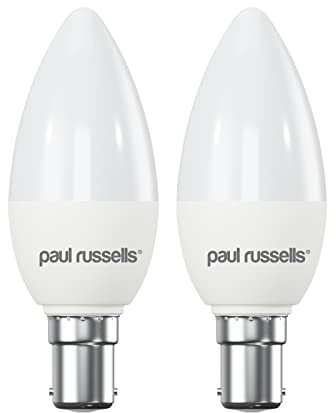 Paul Russells LED Candle – Small Bayonet Fitting Dimmable Light, 5.5W B15 C37 LED Bulbs, 40w Equivalent, 2700K Warm White, Dimmer SBC Energy Saving Ceiling Lightsbulbs, Pack of 2