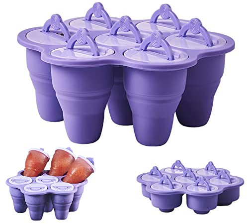 MARUKO Eisformen Eis am Stiel Silikon, Faltbare Eisformen Silikon, 7 Kavitäten Eis Am Stiel Formen, Wiederverwendbare Eisstiele für Selbstgemachtes Eiscreme - BPA Frei (lila)