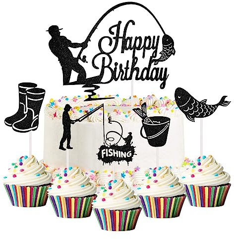 Silars Angler Cake Topper, 6 Stücke Happy Birthday Tortendeko Fische Angeln Kuchen Deko Geburtstag, Angler Tortenaufleger für Kuchen DIY Deko für Jungen Mann Geburtstagsparty Kuchen Dekoration