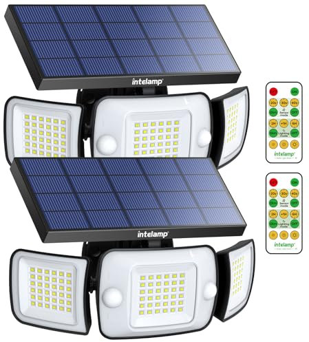 intelamp Lampe Solaire Exterieur avec Detecteur de Mouvement 6000mAh 1200LM Eclairage Solaire,4 Modes & Télécommande,IP65 Etanche Projecteur Solaire Exterieur pour Jardin, Garage, Patio
