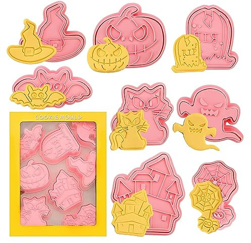 3D Halloween Cookie Cutters, Halloween Cookie Cutter Set, Estival Biscuit Cutter Set, Pack of 8 Pressable Plastic Cutters