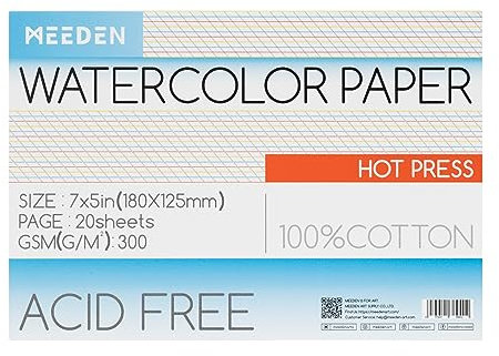 MEEDEN Aquarellpapierblock, 100% Baumwoll-Aquarellpapierblock mit 20 Blättern, 140lb/300gsm, säurefreies Kunstpapier für Aquarell, Gouache, Tinte und mehr, 12,7 x 17,8 cm, Heißpresse