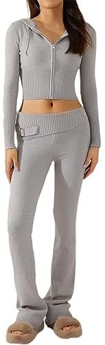 GETERUUV Zweiteiler Damen Y2K Hosenanzug 2 Teiler Hose und Pullover Strick Reißverschluss Up Crop Hoodie Vintage Sweatshirt mit Kapuze
