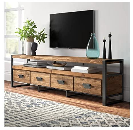 Fernsehtisch TV-Ständer, Vintage-TV-Ständer aus Kiefernholz mit Metallrahmen, TV-Medienkonsole im Industriestil mit 4 Schubladen und großen offenen Regalen for Wohnzimmer und Schlafzimmer TV Board ( S